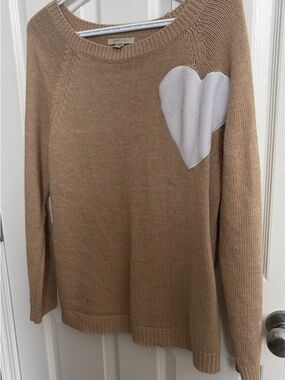 Cozy Casual Camel Sweater with Cream Heart Patch